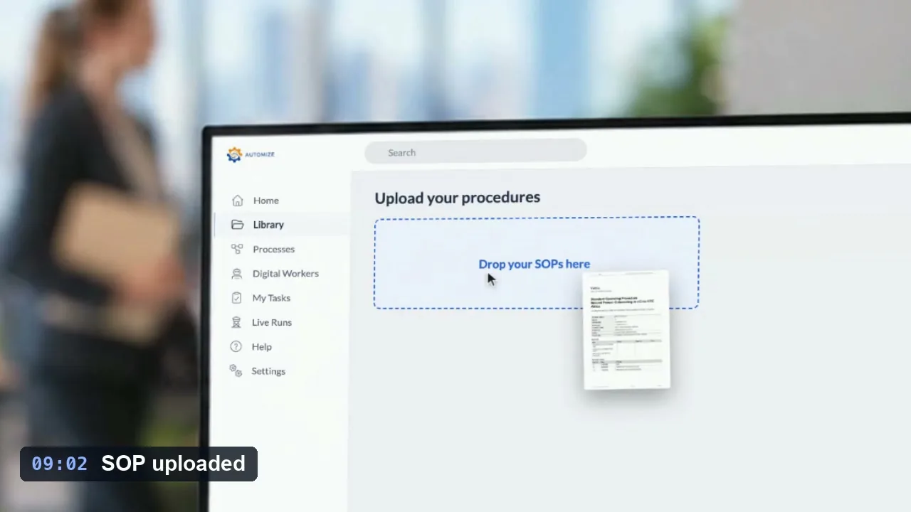 An Automize bot reads a KYC onboarding SOP, maps the process while the person is away, stops once for her approval, then runs it every day