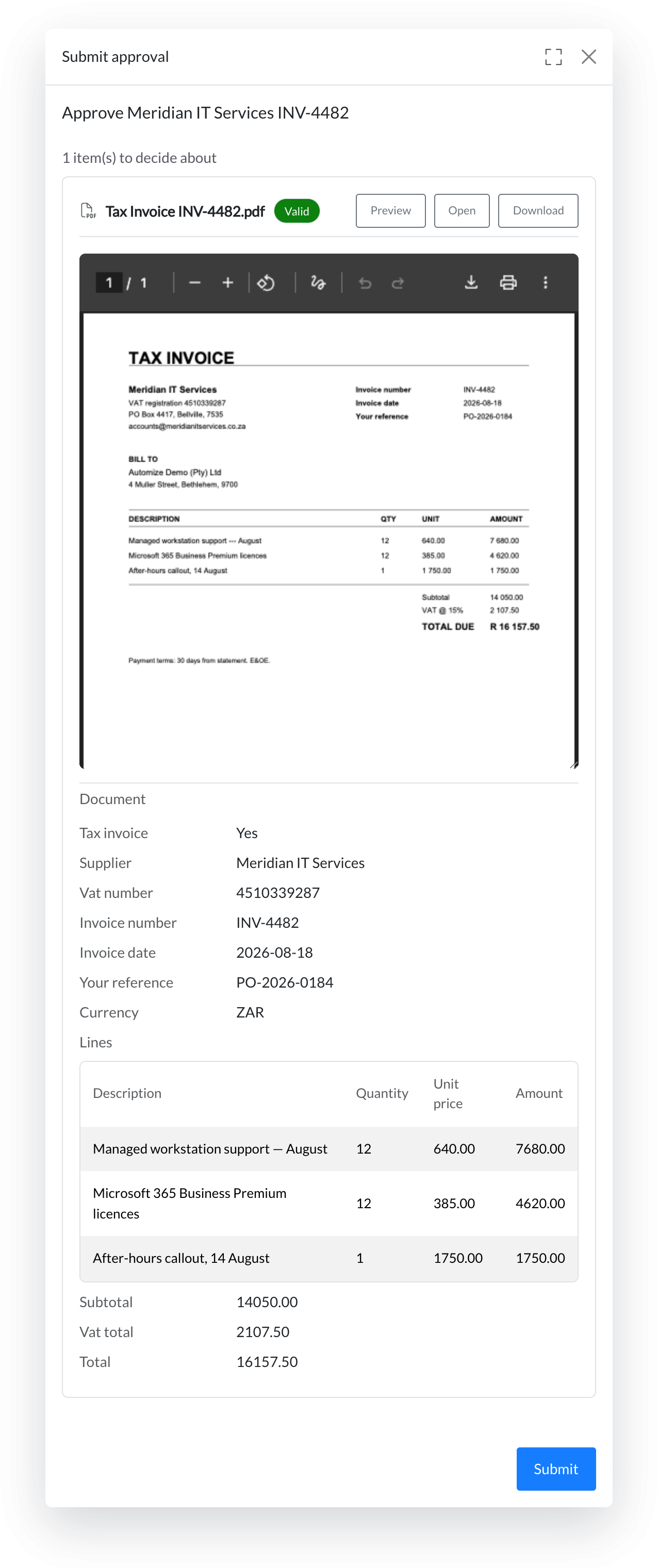 An Automize approval: the supplier invoice PDF beside the fields extracted from it, with approve and reject controls.