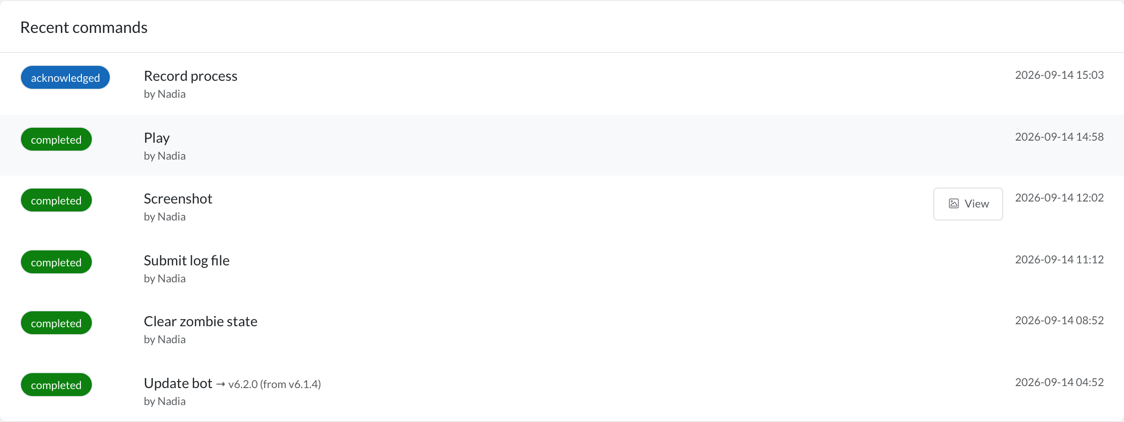The command history of an Automize bot: a screenshot request, a run, a log file and an upgrade – each with who asked for it and what the bot answered.