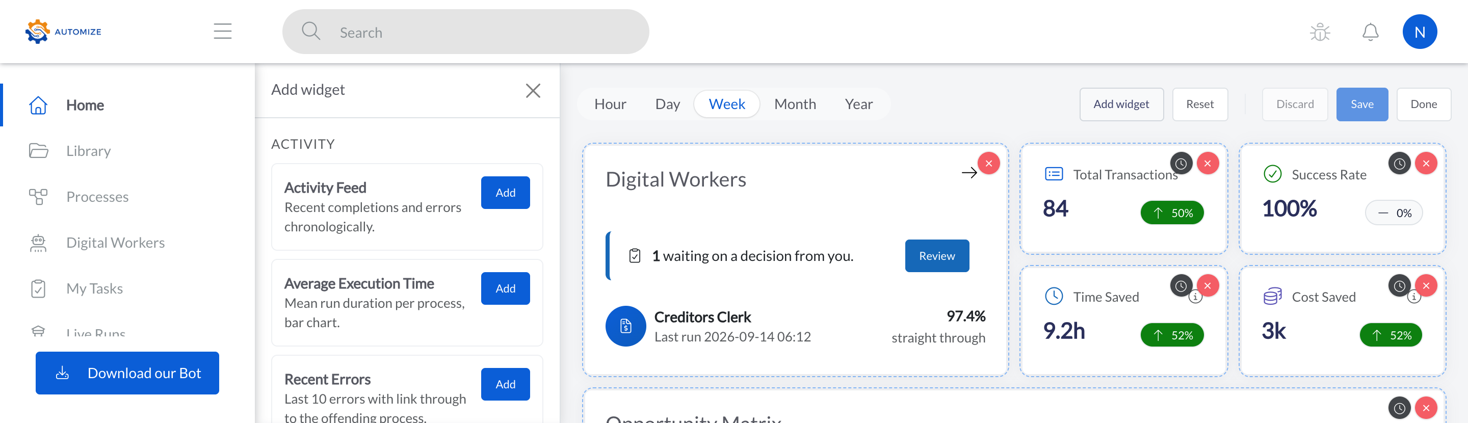 The Automize dashboard in edit mode: its widgets with their controls showing, and the Add-widget catalogue open beside them.