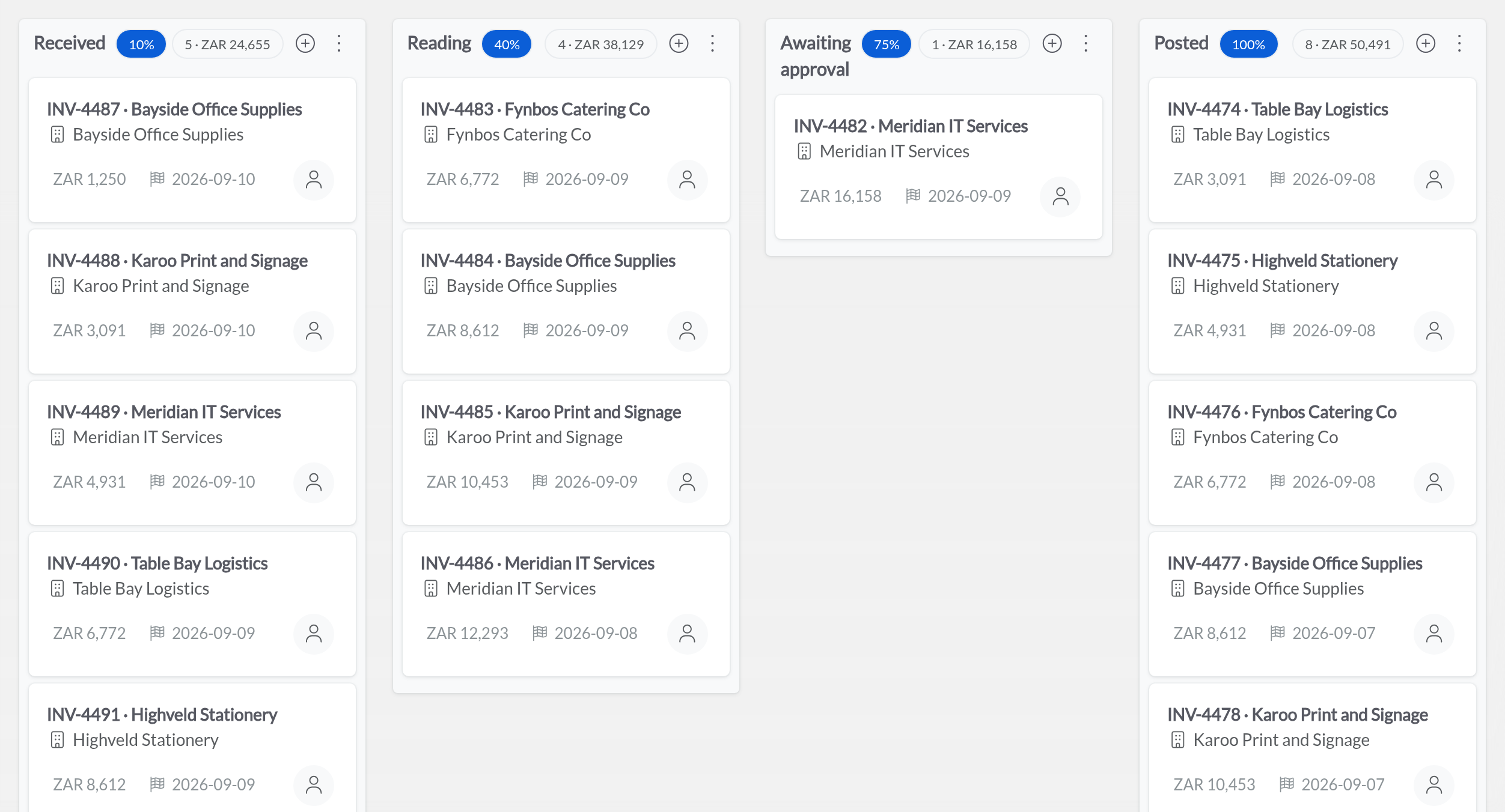 An Automize board tracking supplier invoices across received, reading, awaiting approval and posted.