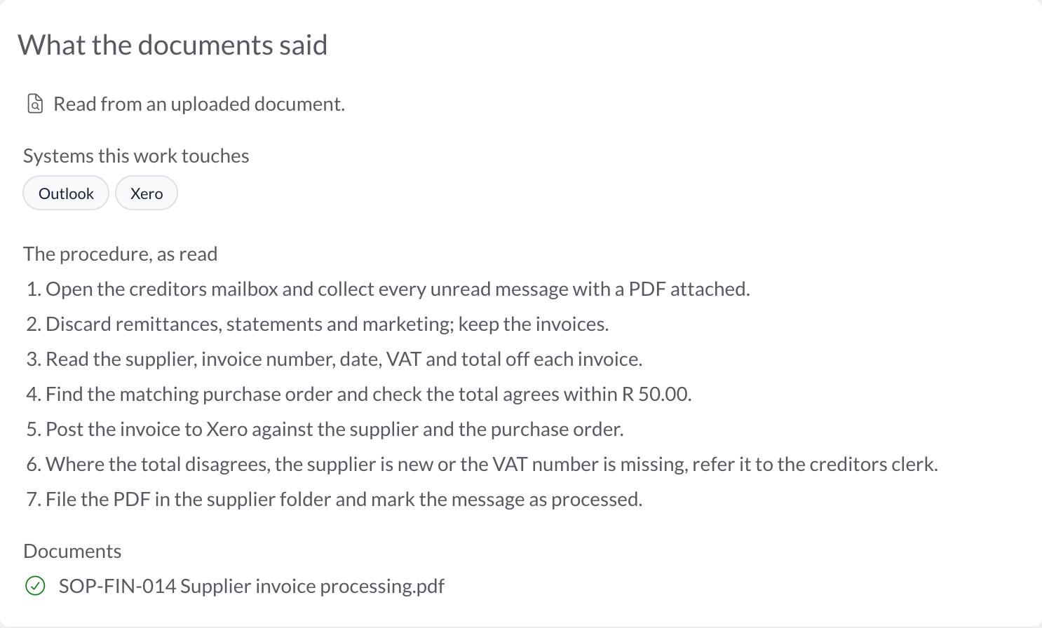An Automize opportunity read from its SOP: the systems the document named, the procedure it described step by step, and the document itself, marked as read.
