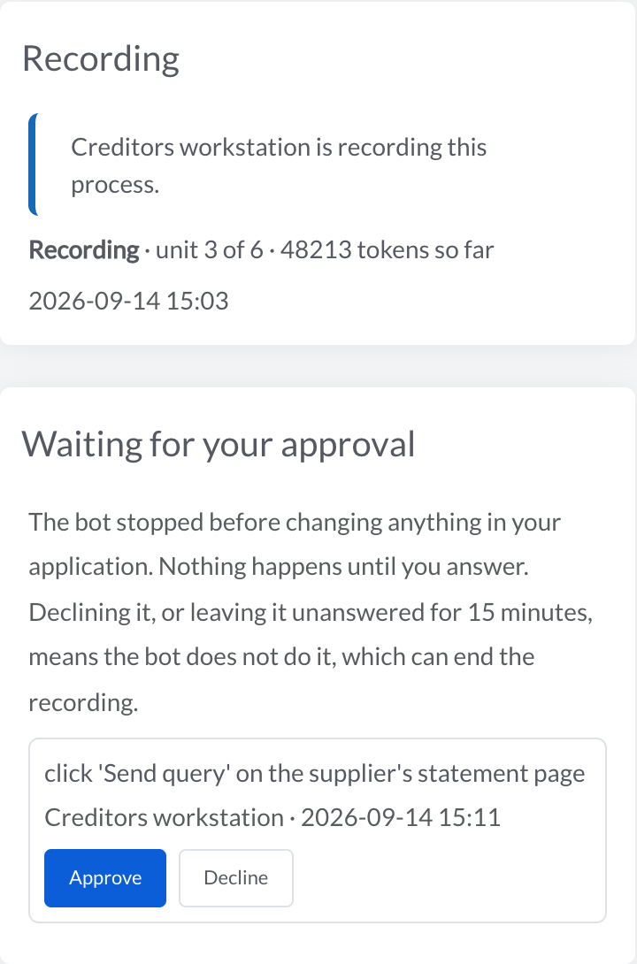 An Automize bot recording a process from its SOP: the stage it has reached, and one action held until a person approves it.