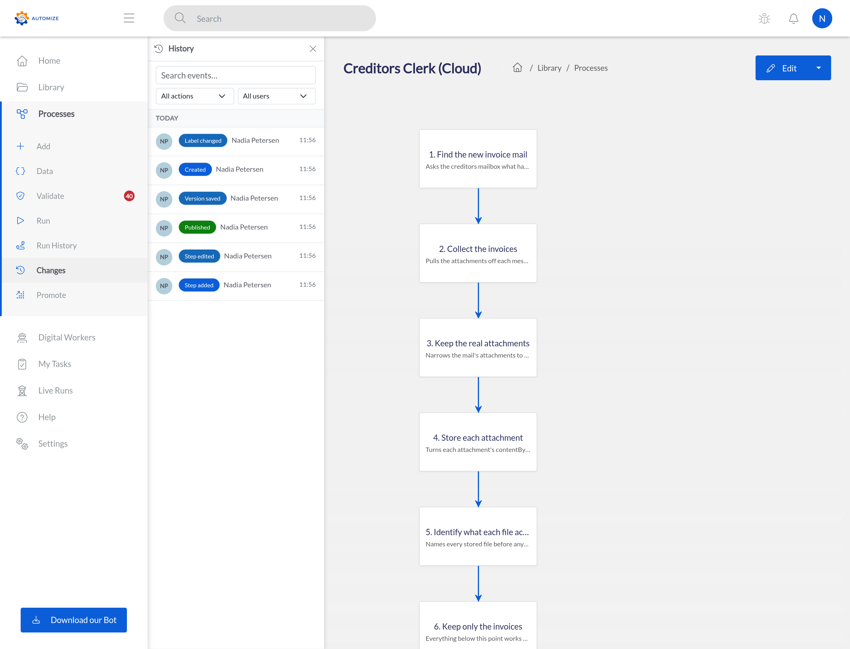 Automize process history: every change to a process, who made it and what it was before.