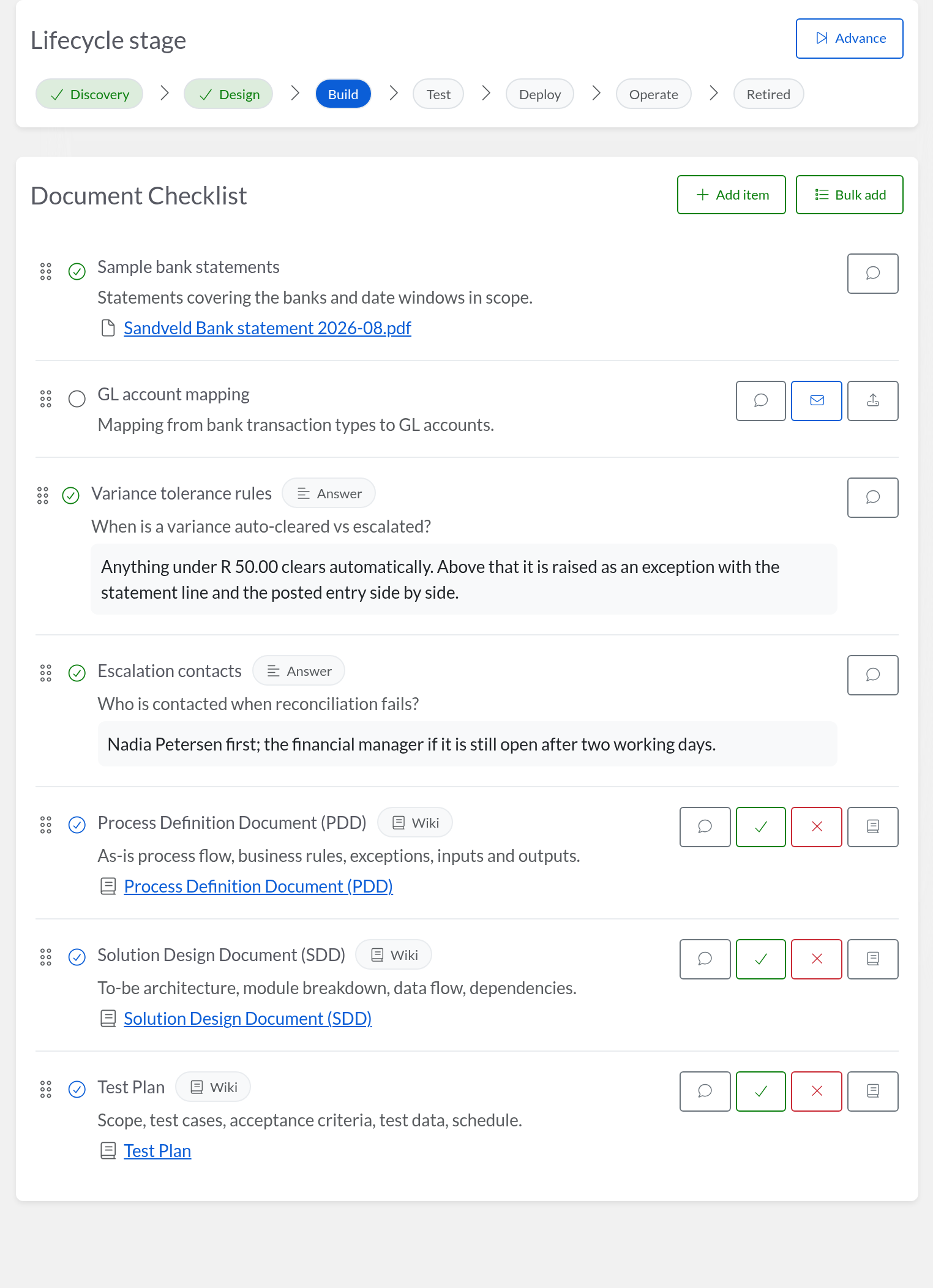 An Automize delivery project: the lifecycle stages with Build current, and a document checklist with its samples approved and the ledger mapping still outstanding.
