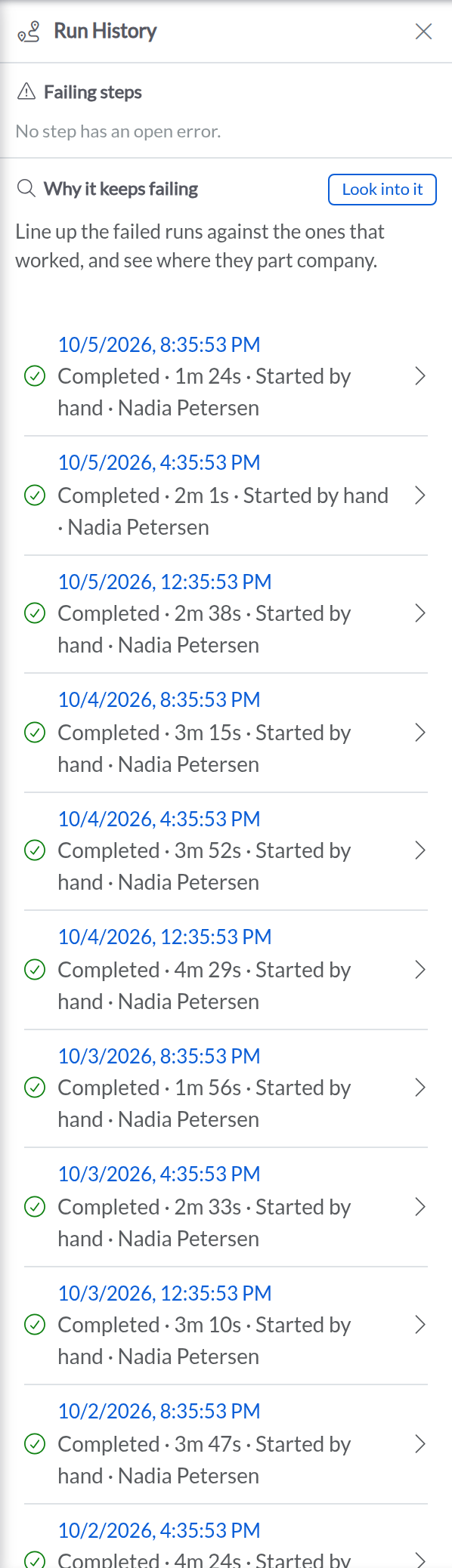 Automize run history: every run of a digital worker, when it started and how it finished.