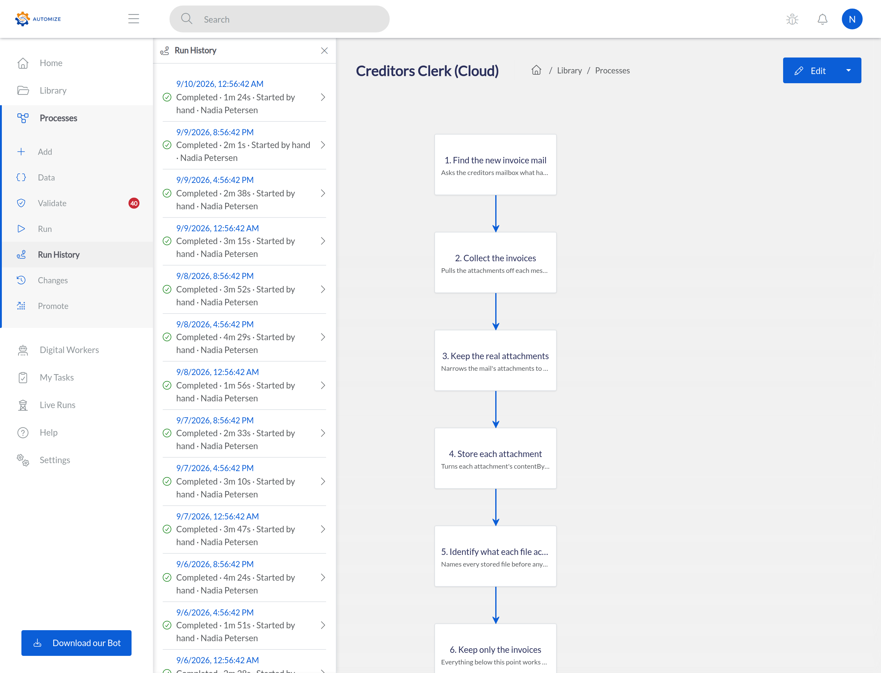 Automize run history: every run of a digital worker, when it started and how it finished.