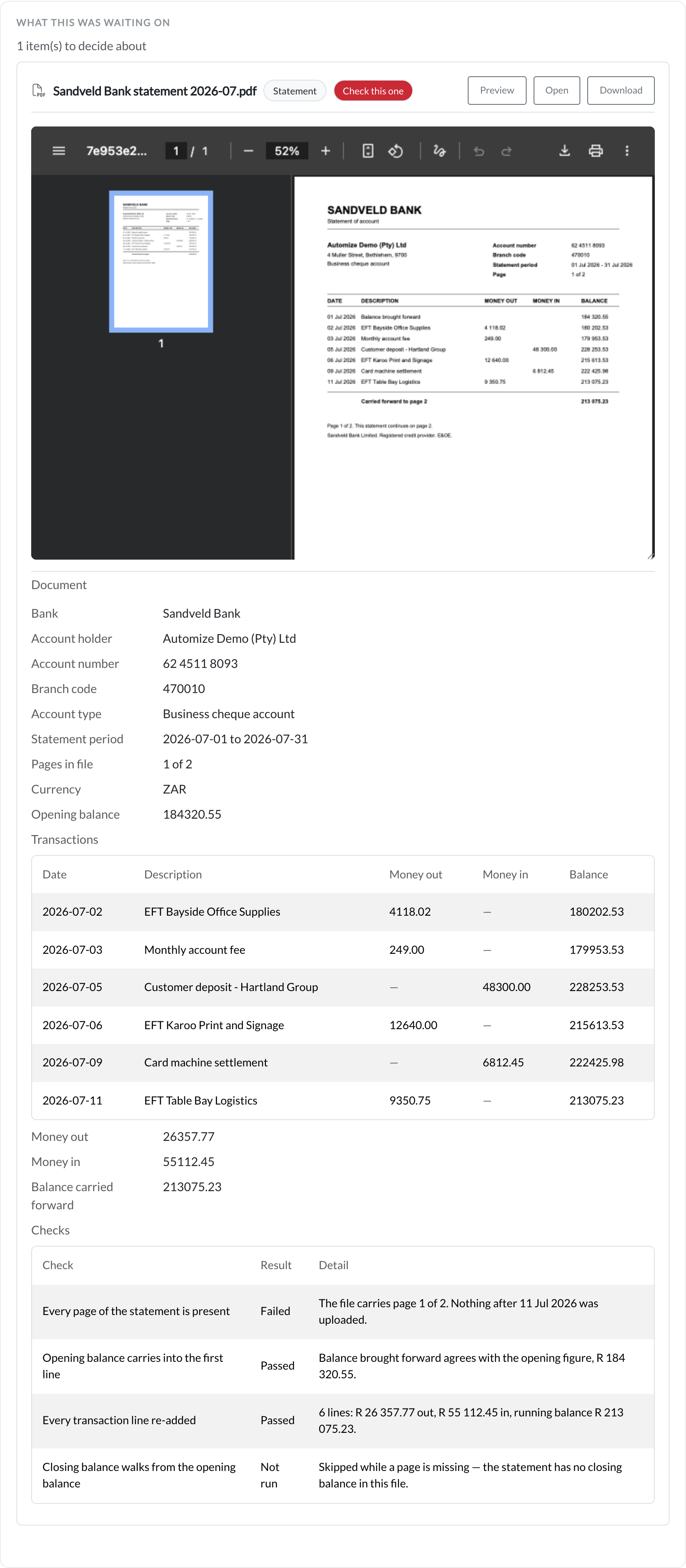 A flagged bank statement in Automize: the statement PDF beside the fields read off it, with the failed check naming what is wrong – the file carries page 1 of 2.